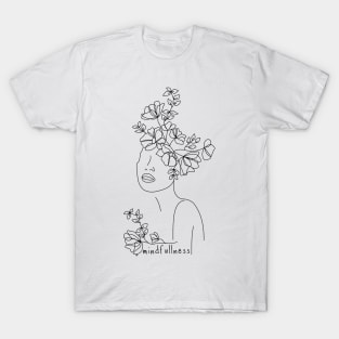 Frau mit Blumen im Haar, Minimalistisch, Line-Art T-Shirt